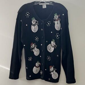 Victoria Jones Fun vintage Black white Beaded Snowman Christmas Cardigan Sweater